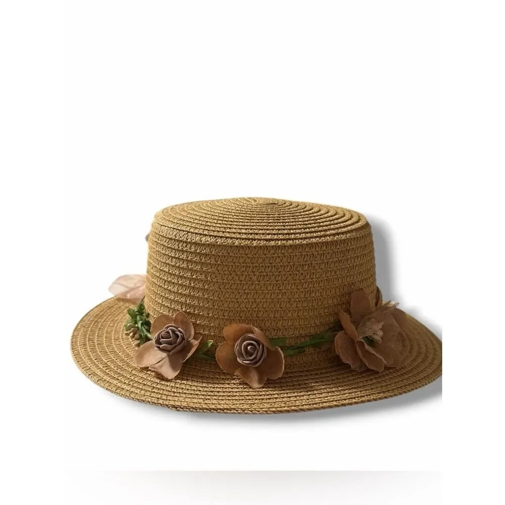 Tan Floral Lace Band Summer Straw Hat NWT